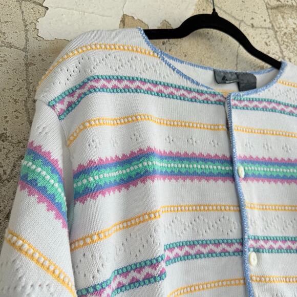 Vtg Liz Claiborne Cardigan Pastel Stripe Cropped Sweater Made in USA 90s Women L - Picture 3 of 9